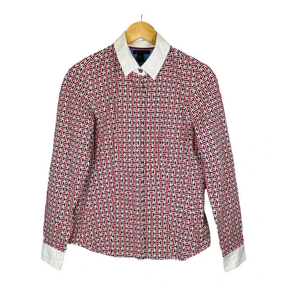 Tommy Hilfiger Y2K Red Blue TH‎ Logo Print Button Down Shirt Women Size Medium - Picture 1 of 10